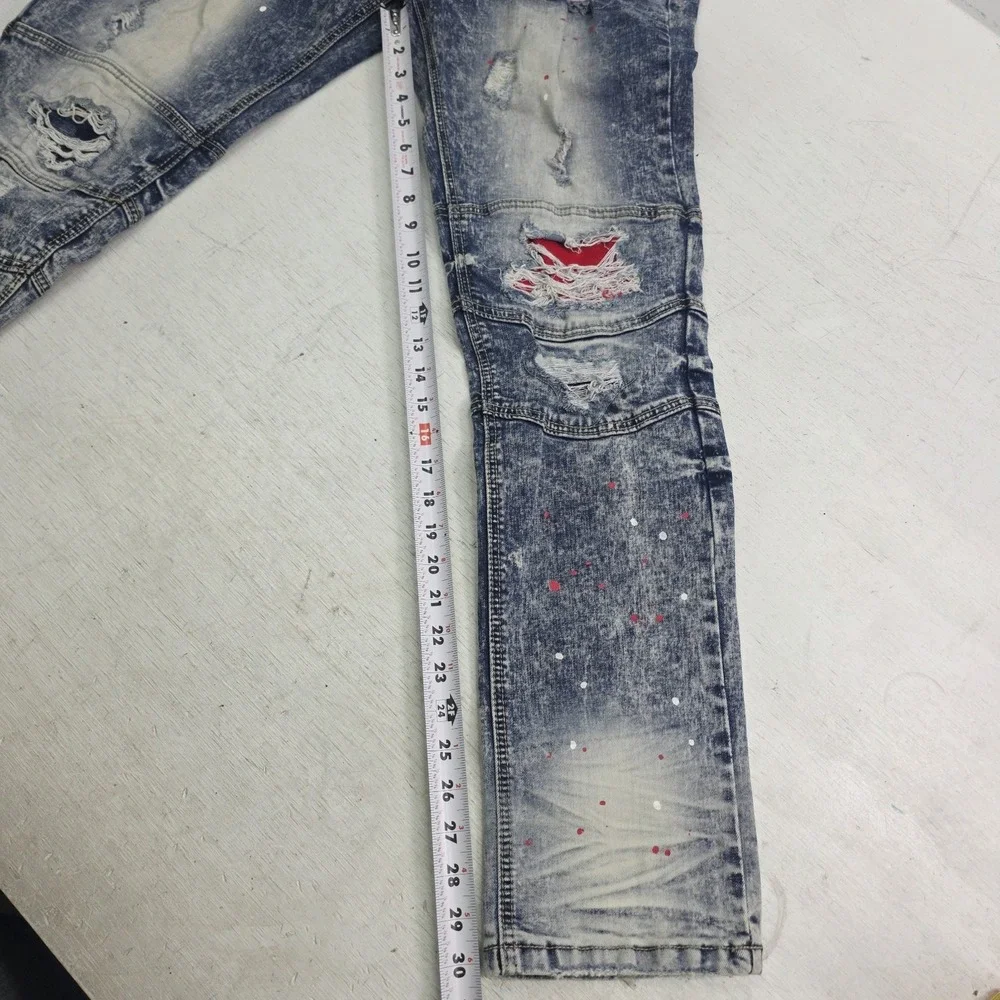 Makobi Biker Jeans Men's Size 36x32 Acid Wash Distressed Paint Splatter Moto